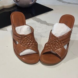 MICHAEL Michael Kors Tan Woven Leather Slide Mules- summer wedges wood/leather.